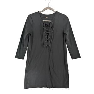 Free People Lace Up Short Dress XS Black 3/4 Sleeve Caged Front Mini‎ Laced LBD
